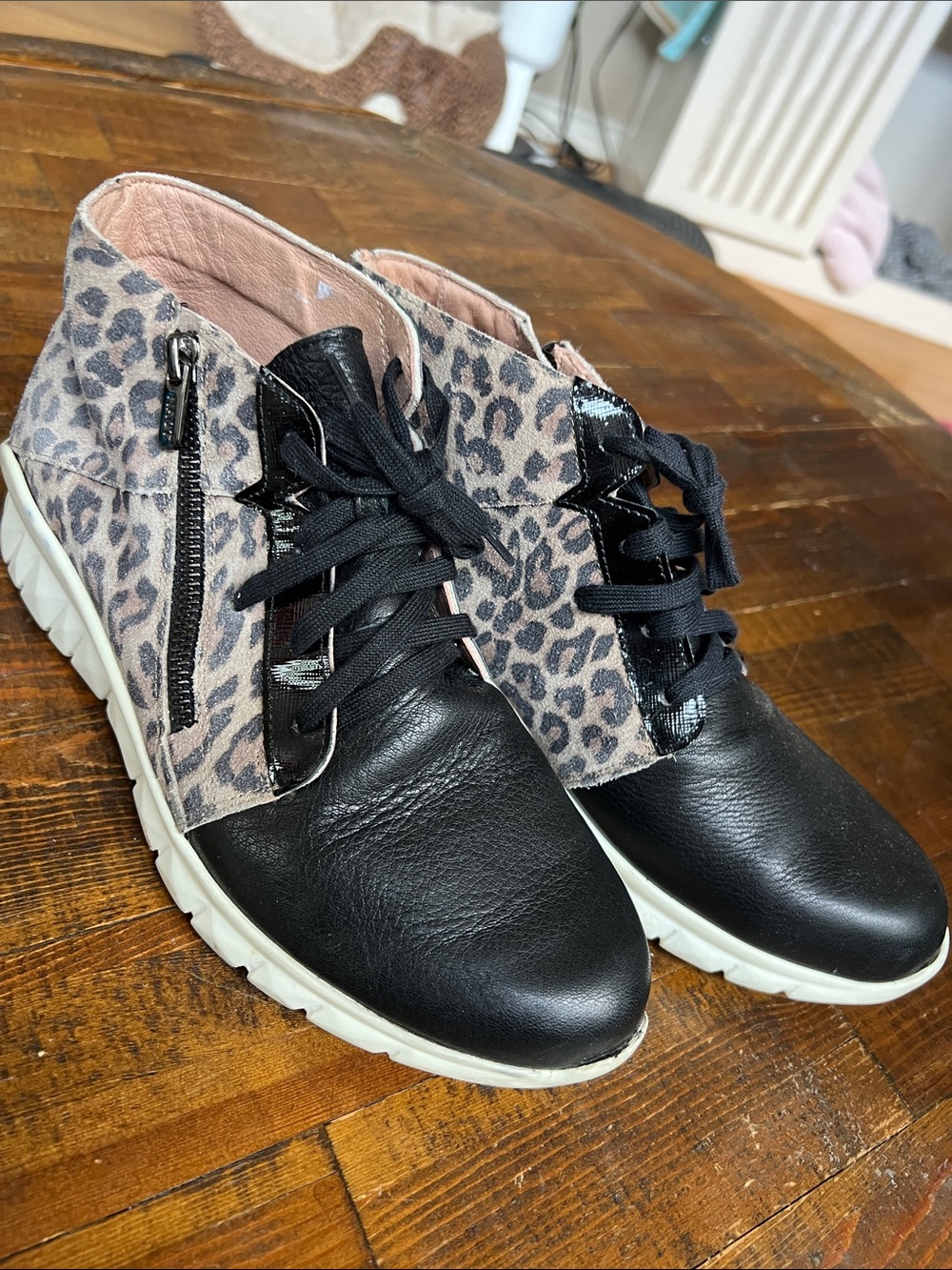 Leopard and black leather zip shoes size 8.5